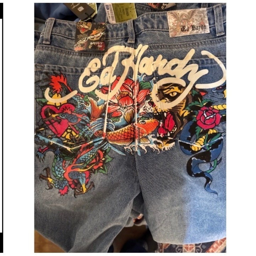 Ed Hardy Baggy Jeans Women Dragon Tattoo Print Blue Denim Size 32 blokecore